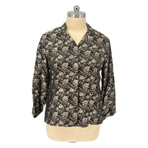 Chico's Blouse Black Gold Silver Floral Brocade Rayon Silk Blend Size 3